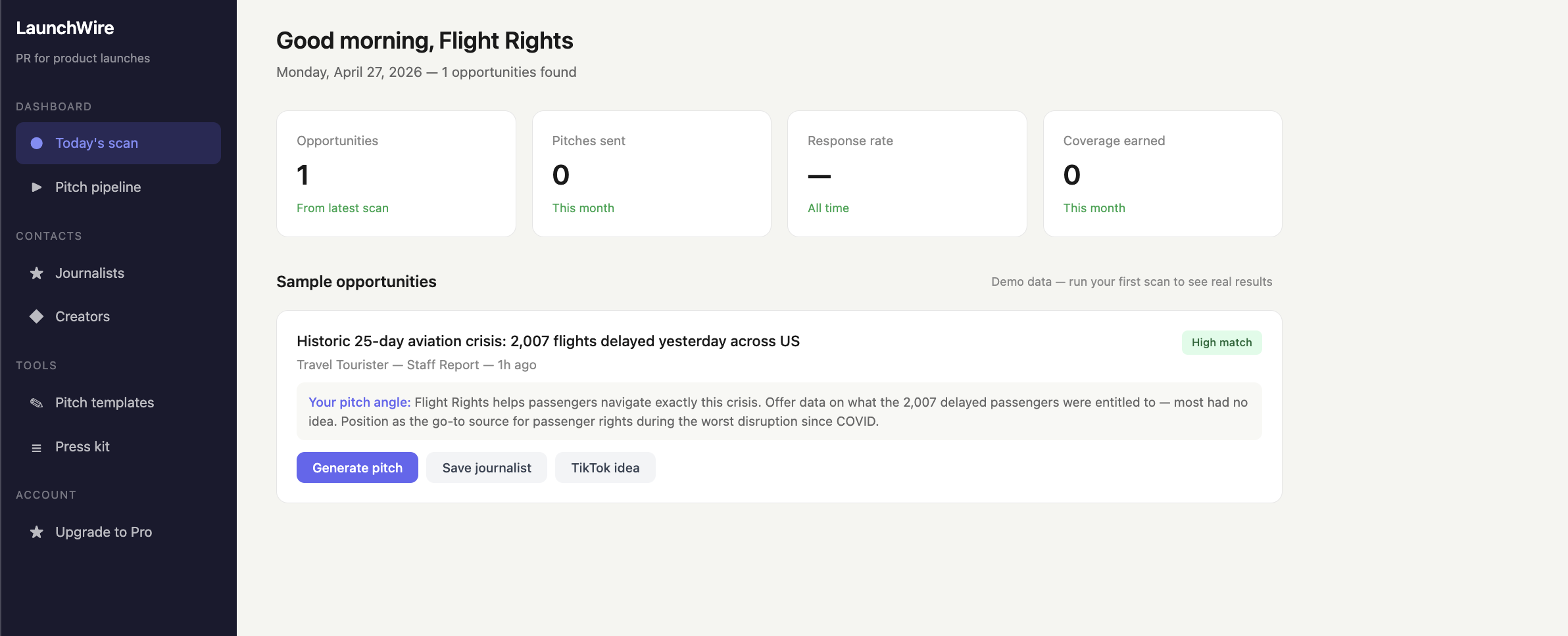 LaunchWire Dashboard — daily news matches and pitch queue