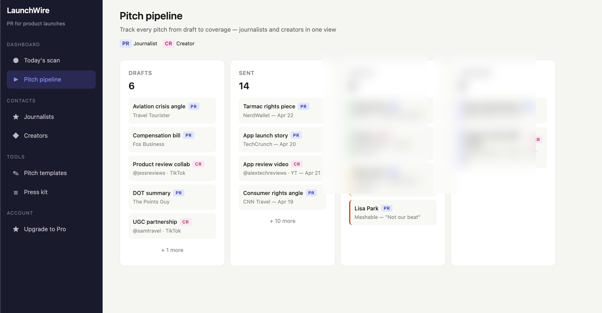LaunchWire Pipeline — track pitches from draft to coverage